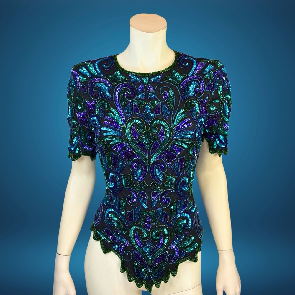 80s Laurence Kazan PEACOCK HEART Beaded Sequin SILK Tunic Top / xs s
